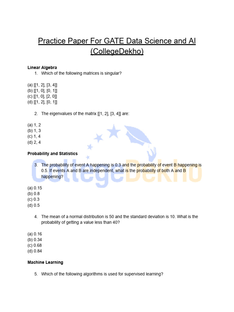 GATE Data Science & AI Practice Paper | PDF | Machine Learning ...