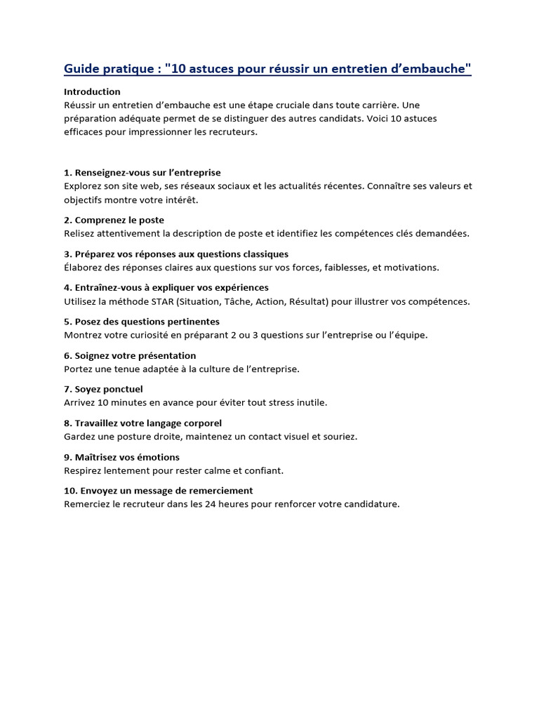 ENTRETIEN EMBAUCHE Petit Guide Pratique | PDF