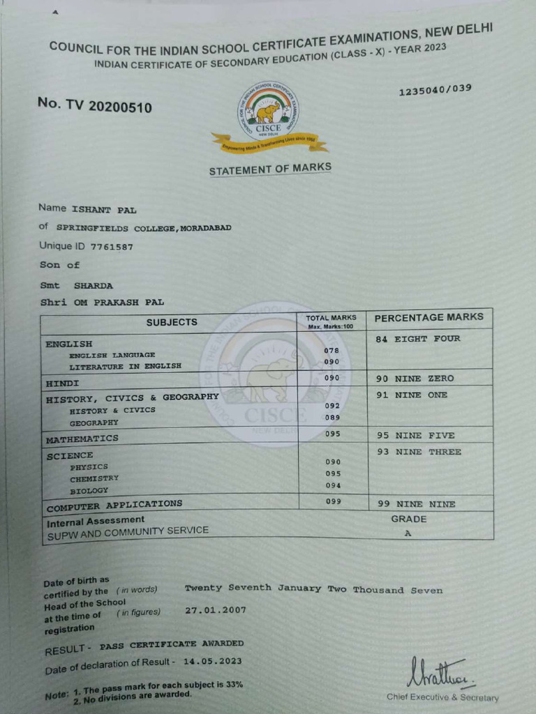 Icse Class X Result Certificate 2023 Pdf Educational Stages