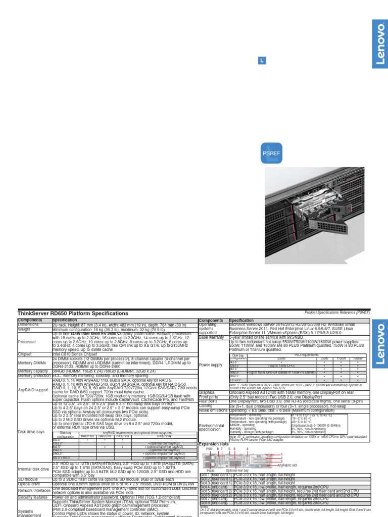 ThinkServer RD650 Specifications Guide | PDF | Computer Science | Computing
