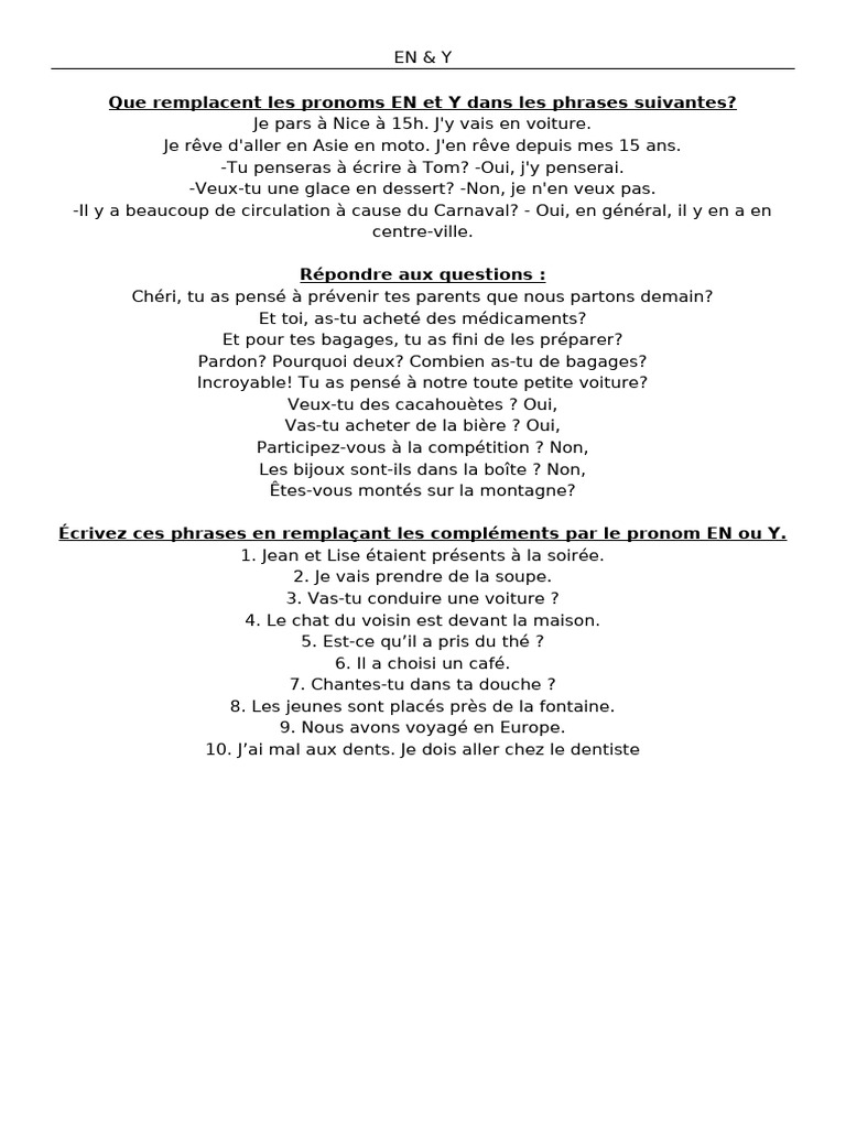 Exercices sur les pronoms EN et Y | PDF