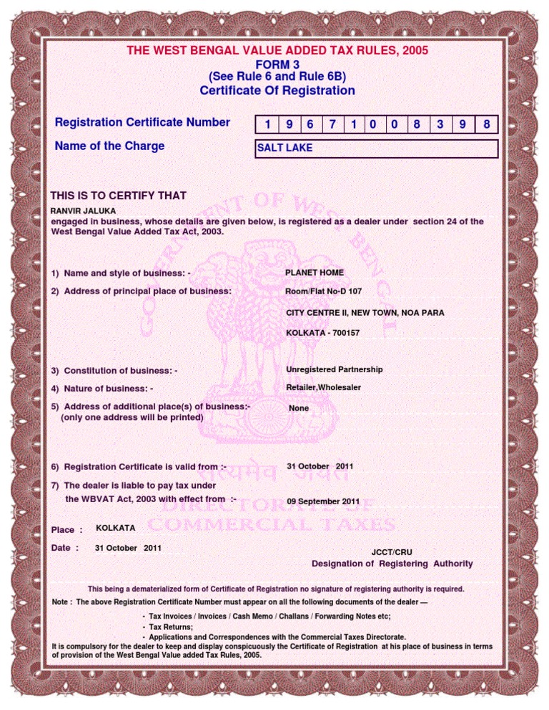 Vat Registration Certificate