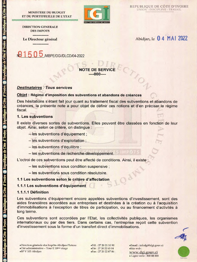 N° 01505 MBPE DGI DLCD DU 04 MAI 2022 Régime D'imposition Des ...