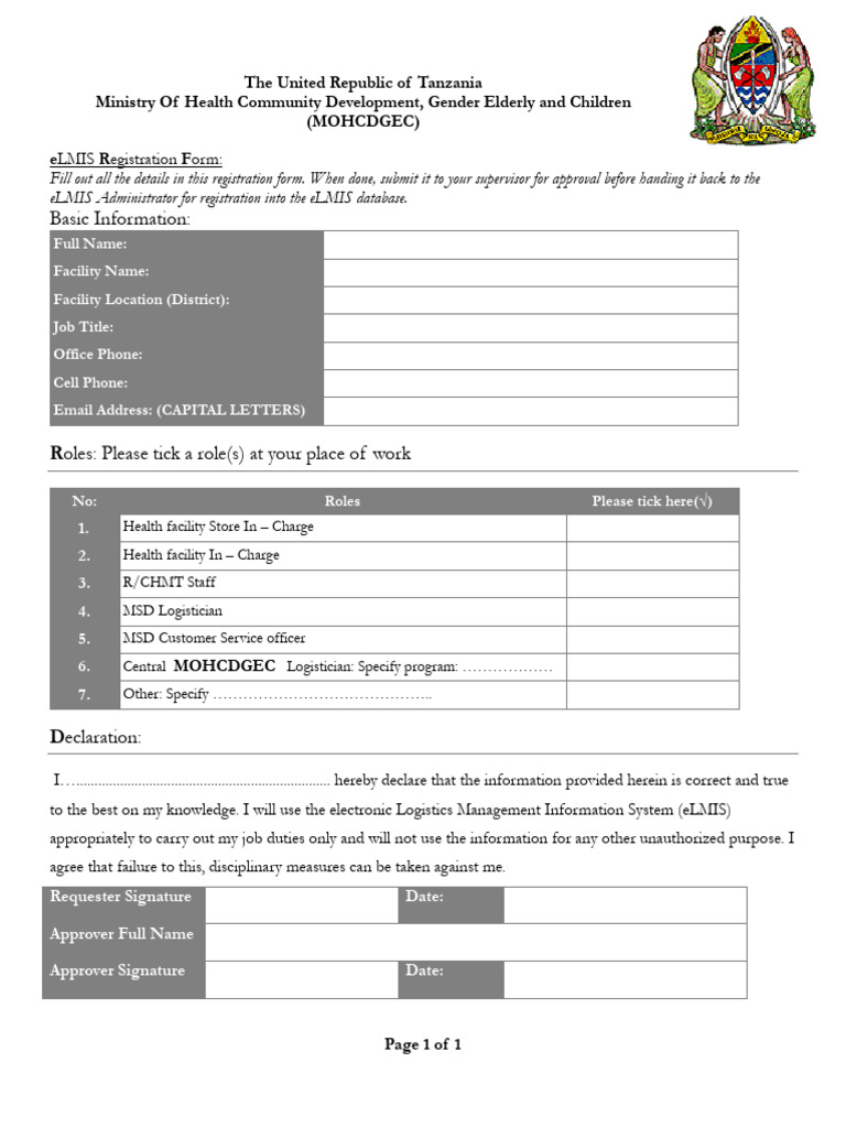 eLMIS Registration Form for Tanzania | PDF
