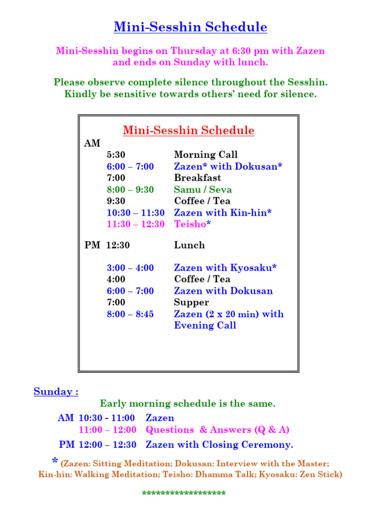 BZ Mini Sesshin Schedule - 2023 | PDF