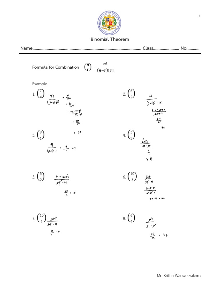 Binomial Theorem Practice Exercises | PDF | Mathematics