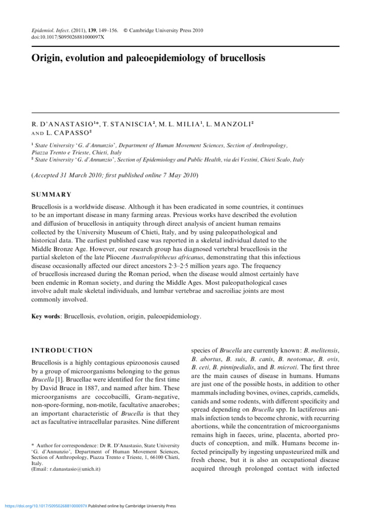 Origin Evolution and Paleoepidemiology of Brucellosis | PDF | Vertebral ...