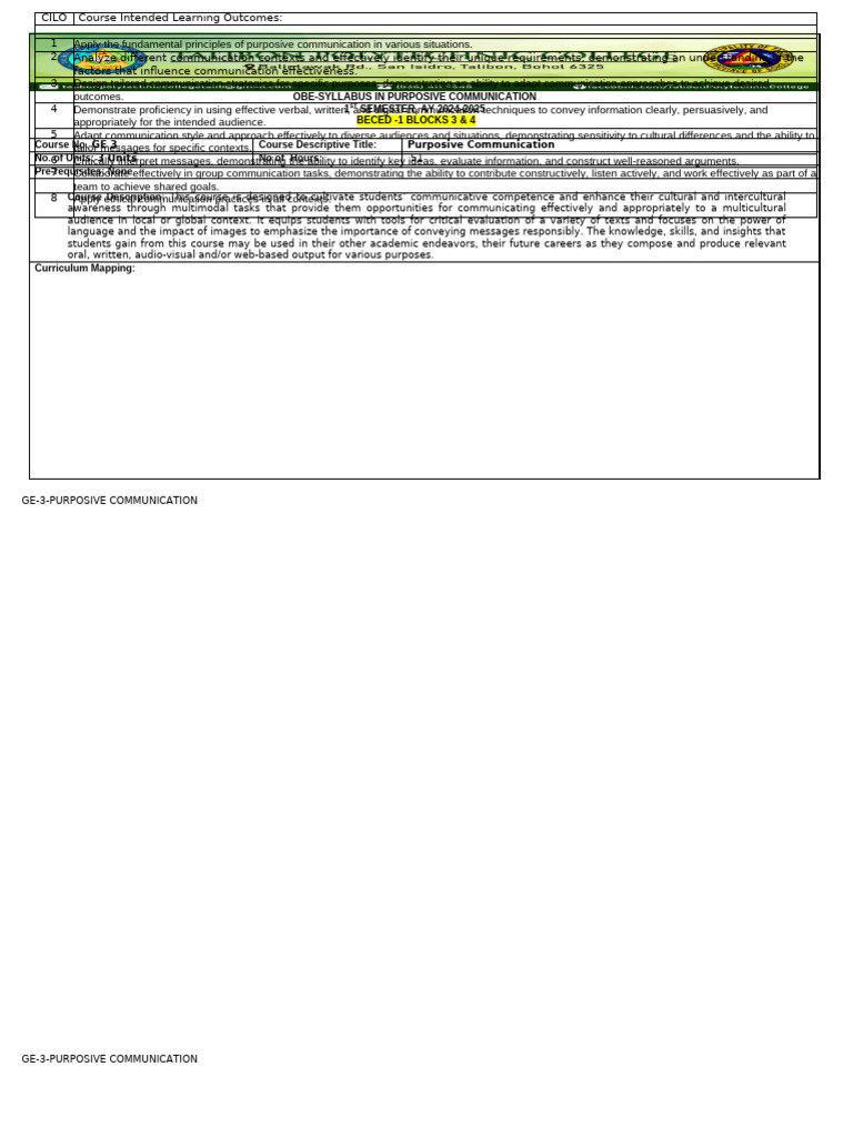 BECED-Purposive Com. (Syllabus) | PDF | Communication | Nonverbal ...