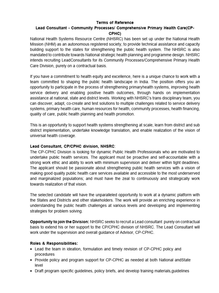Lead Consultant for CP-CPHC at NHSRC | PDF | Policy | Consultant