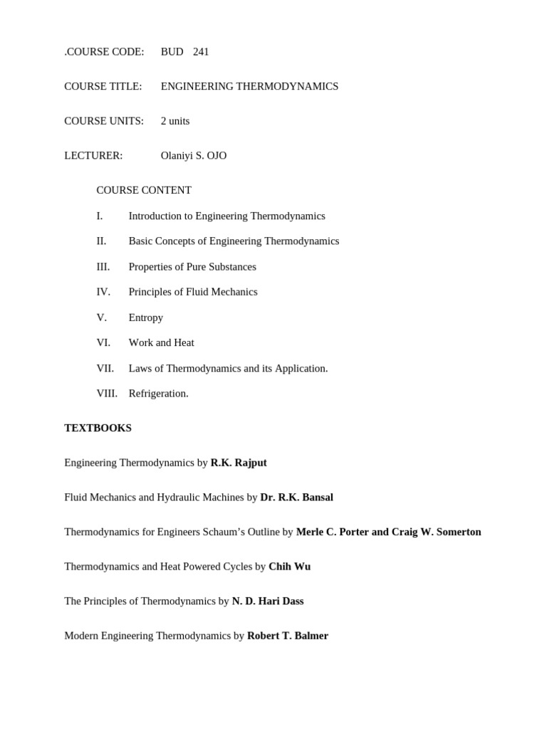 Engineering Thermodynamics Course Overview | PDF | Heat | Liquids