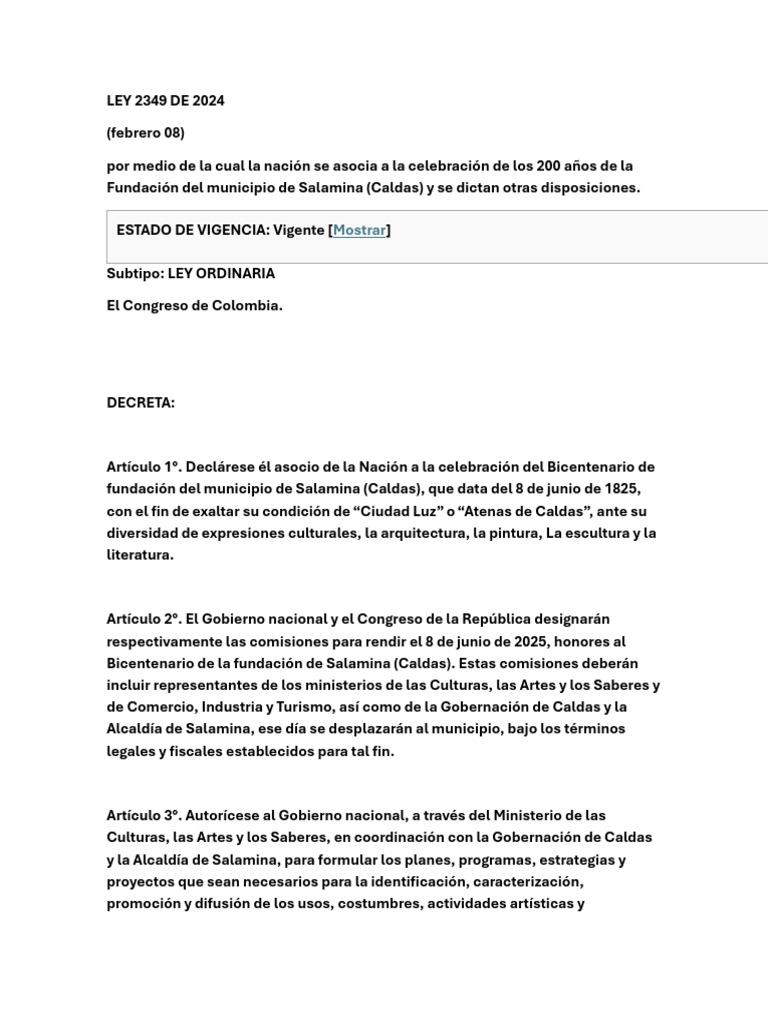 Ley 2349 de 2024: Bicentenario Salamina | PDF | Colombia