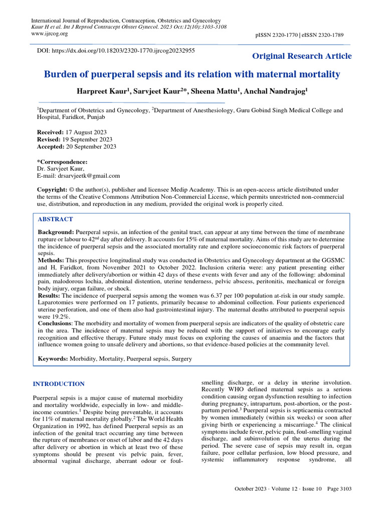 Burden of Puerperal Sepsis and Its Relat | PDF | Childbirth | Maternal ...