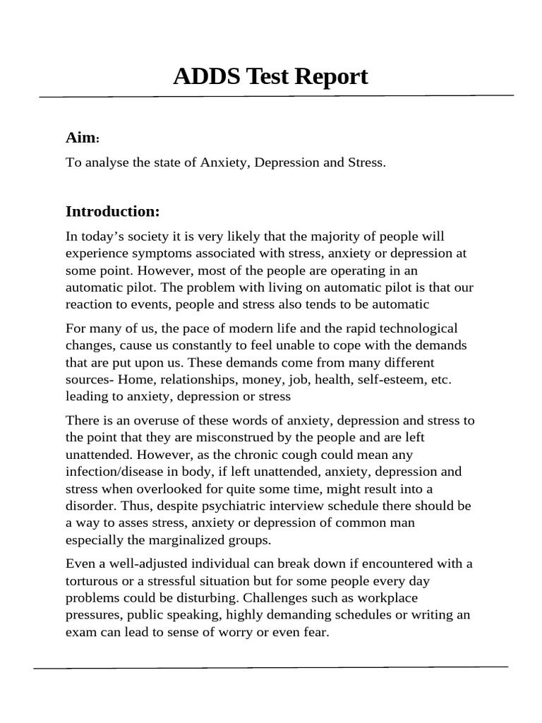 ADDS Test Report | PDF | Cronbach's Alpha | Major Depressive Disorder
