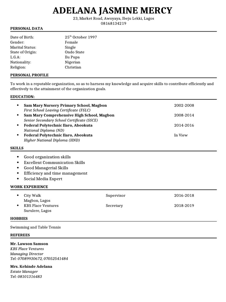 Adelana Jasmine Mercy's CV Summary | PDF