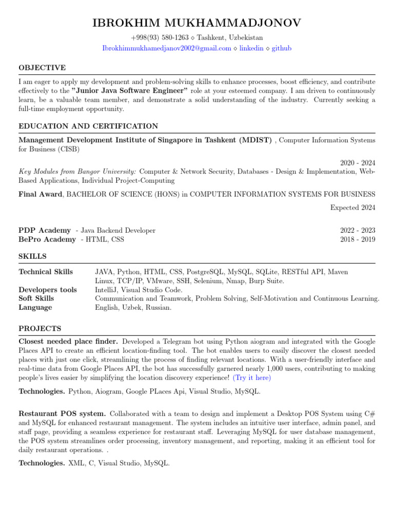 Junior Java Developer Resume | PDF | My Sql | Python (Programming Language)