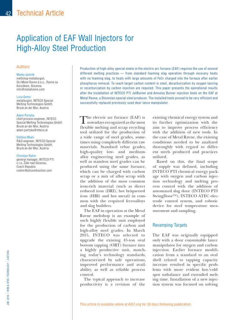 Application of EAF Wall Injectors for high alloy steel production | PDF ...