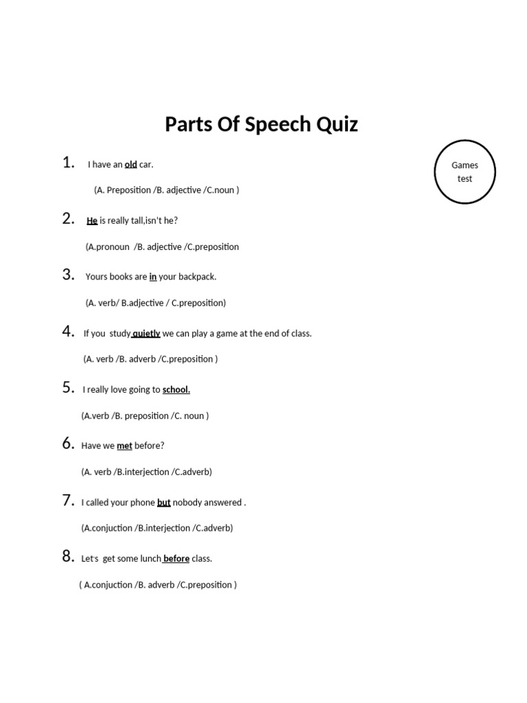 Parts of Speech Quiz | PDF