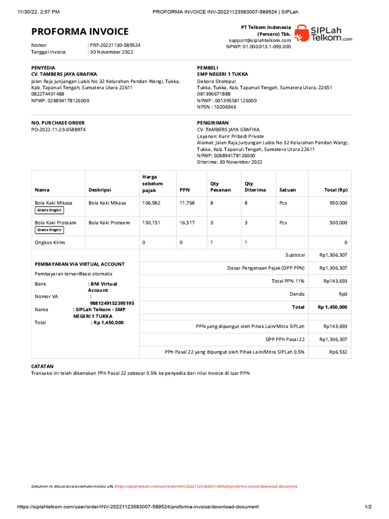 Proforma Invoice PT Telkom 30 Nov 2022 | PDF