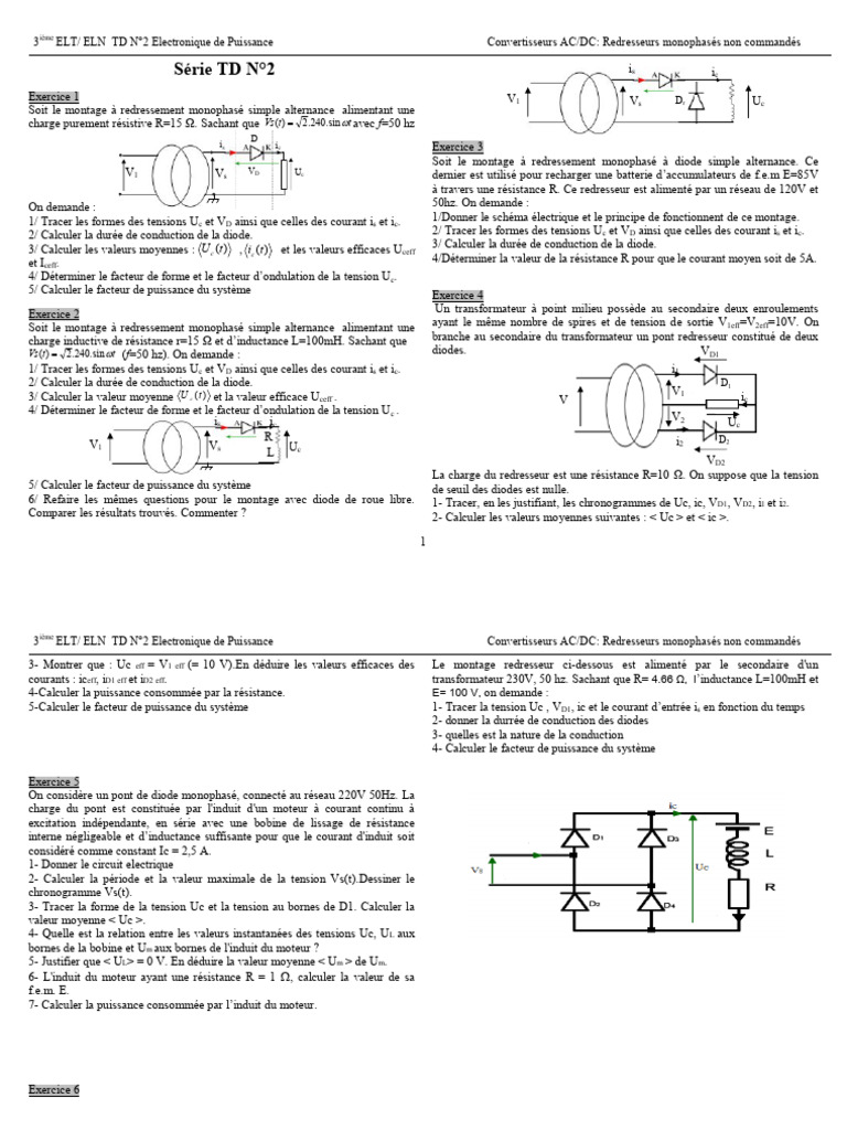 Redresseurs monophasés : TD Electronique de Puissance | PDF ...