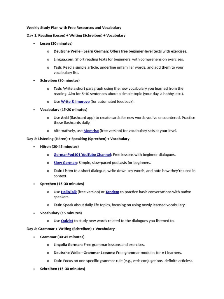 Weekly German Study Plan & Resources | PDF | Vocabulary | Flashcard