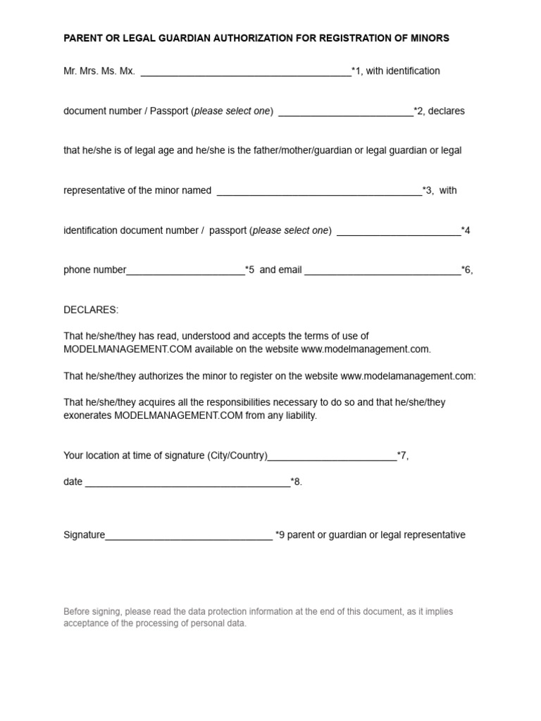 Minor Registration Authorization Form | PDF | Identity Document | Privacy