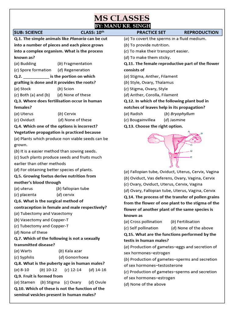 Class 10 Science Reproduction Quiz | PDF | Mitosis | Flowers