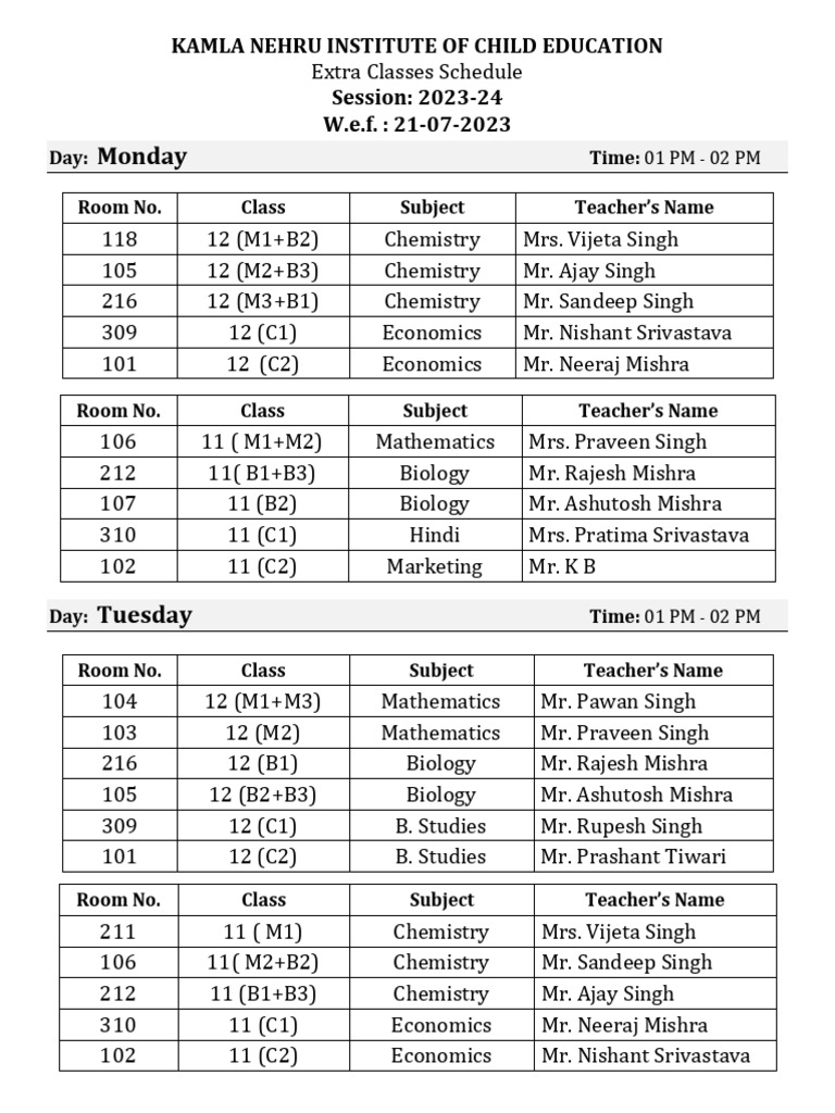 KNEICE Extra Classes Schedule 2023-24 | PDF