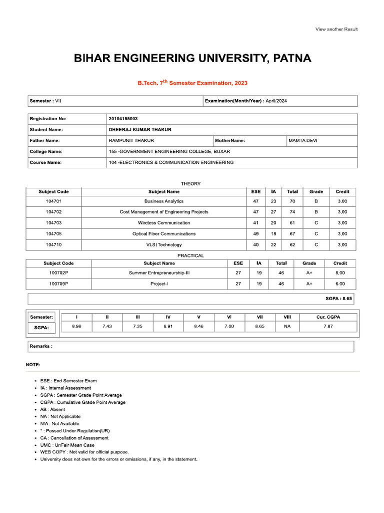 7th sem marksheet pdf