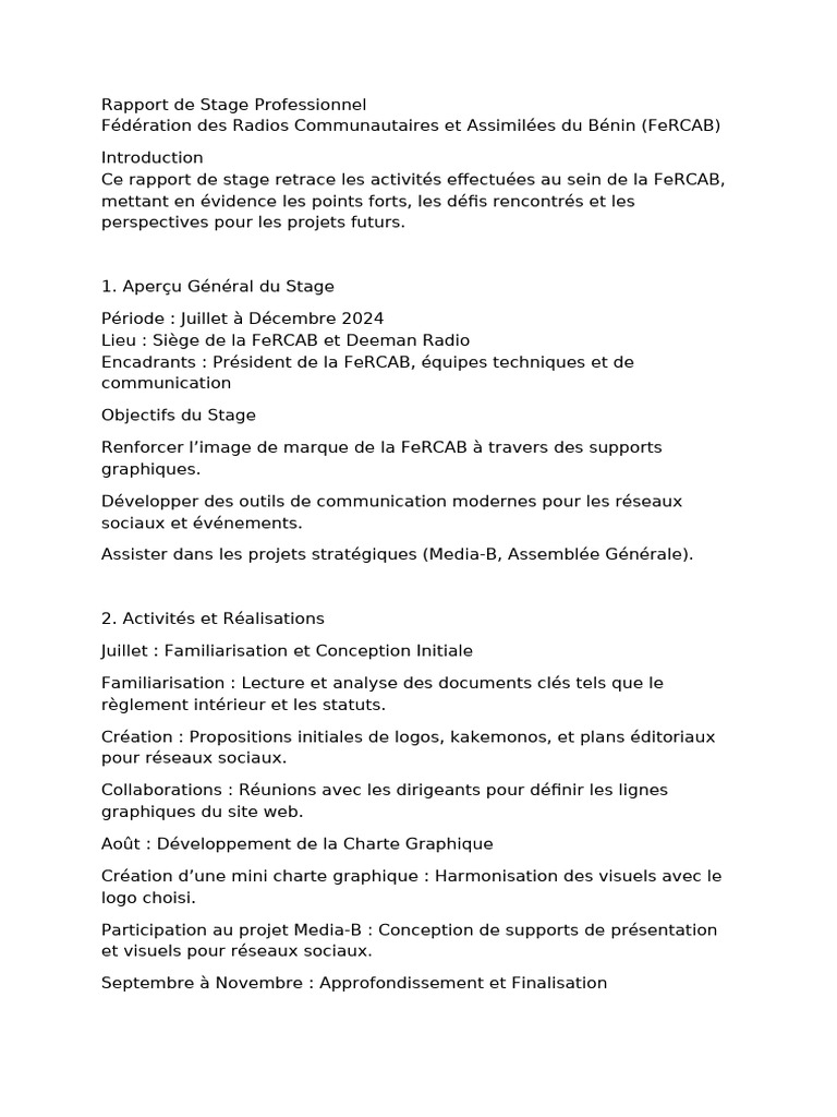 Rapport de Stage à la FeRCAB | PDF | Facebook | Informatique