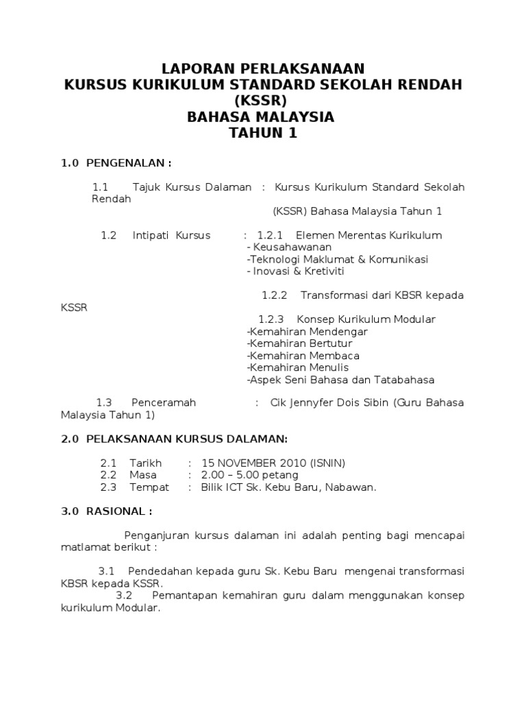 Contoh Laporan Kssr Hasil Dapatan Kursus Dihadiri
