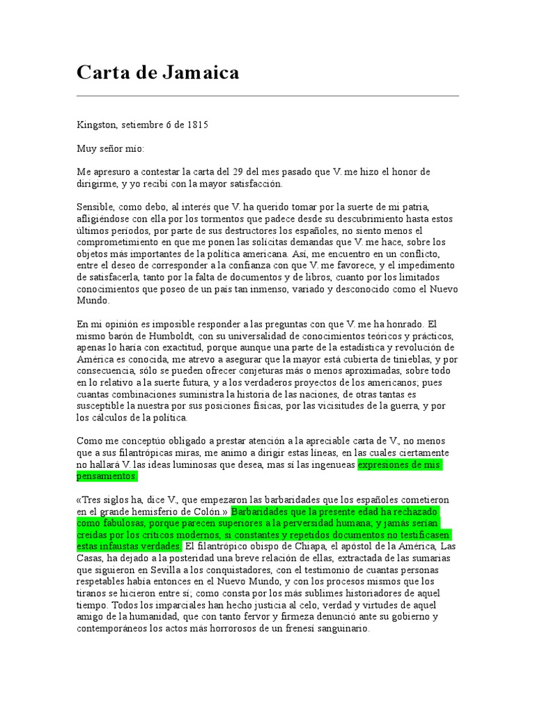 Carta de Jamaica Simon Bolivar Republic Nation