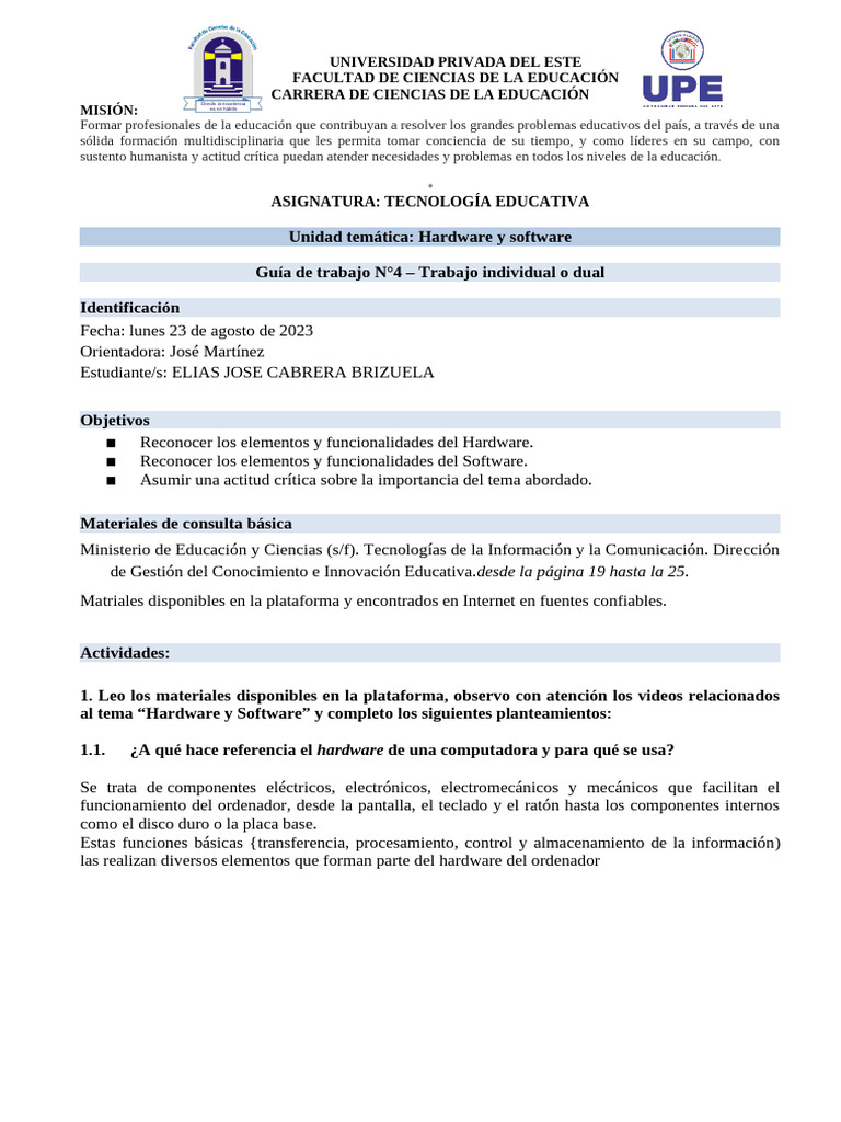 Tarea 4 Hardware y Software.2.0 | PDF | Hardware de la computadora ...