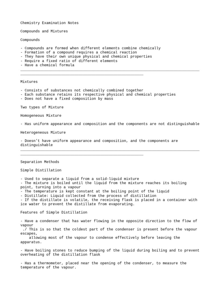 Chemistry Notes: Compounds, Mixtures, & Methods | PDF | Acid | Distillation
