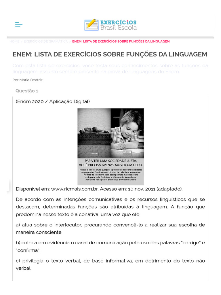 Exercícios sobre Funções da Linguagem ENEM | PDF | Publicidade ...