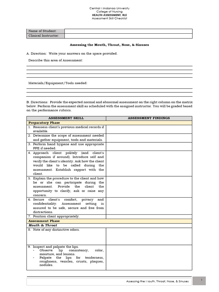 MT 4b Assessing The Mouth Throat Nose Sinuses Checklist | PDF | Human ...