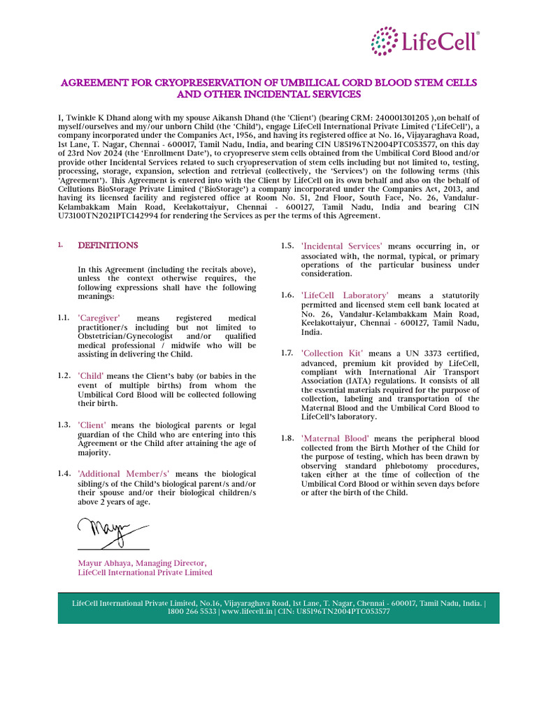 LifeCell Umbilical Cord Blood Agreement | PDF | Hematopoietic Stem Cell ...
