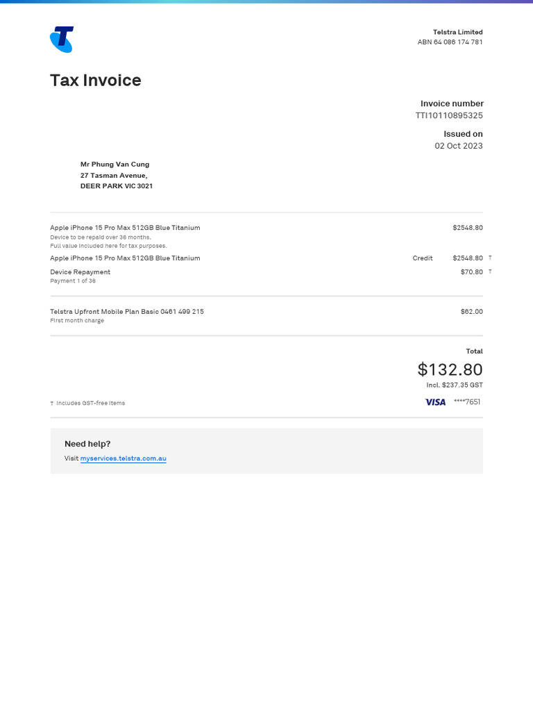 Telstra iPhone 15 Pro Max Invoice | PDF