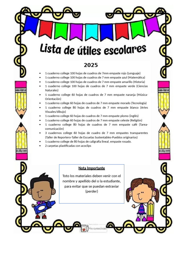Lista de Útiles Escolares 2025 | PDF