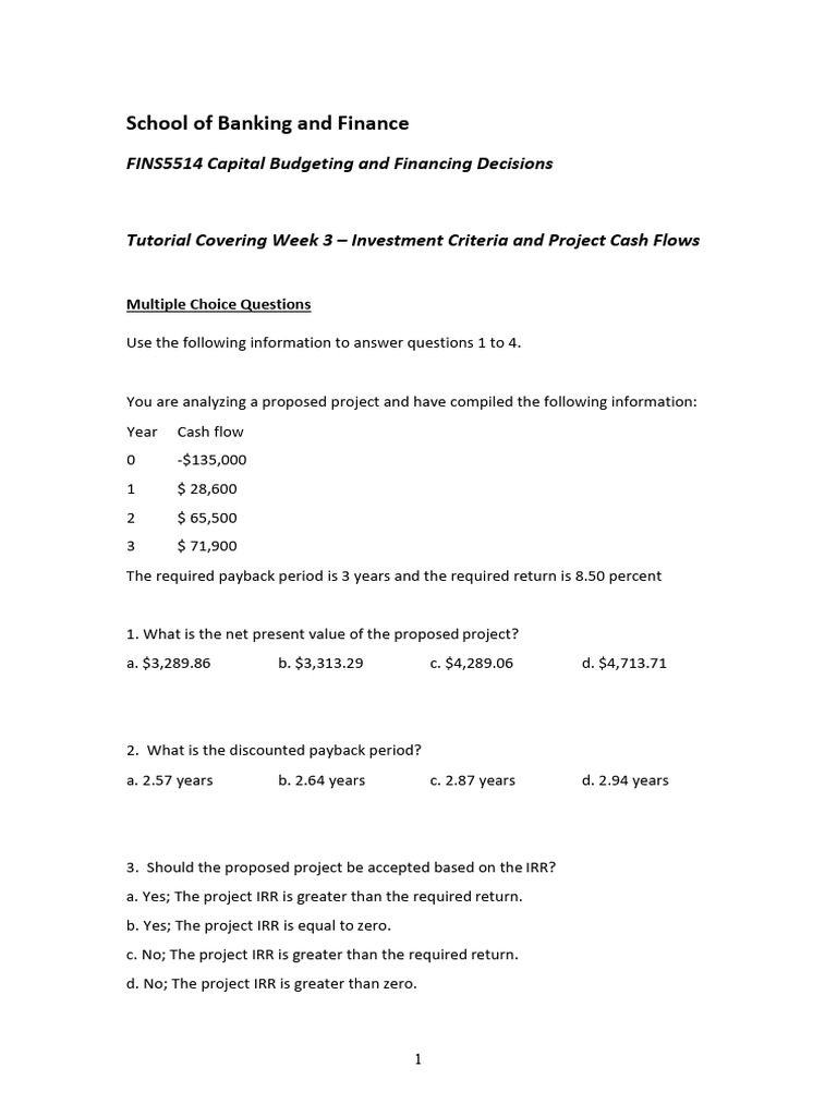 Capital Budgeting MCQs and Analysis | PDF | Net Present Value ...