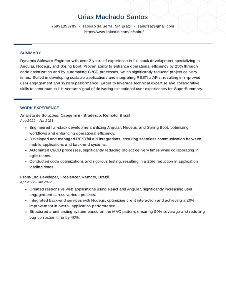 Full Stack Developer Resume - Urias Santos | PDF | Software Development ...