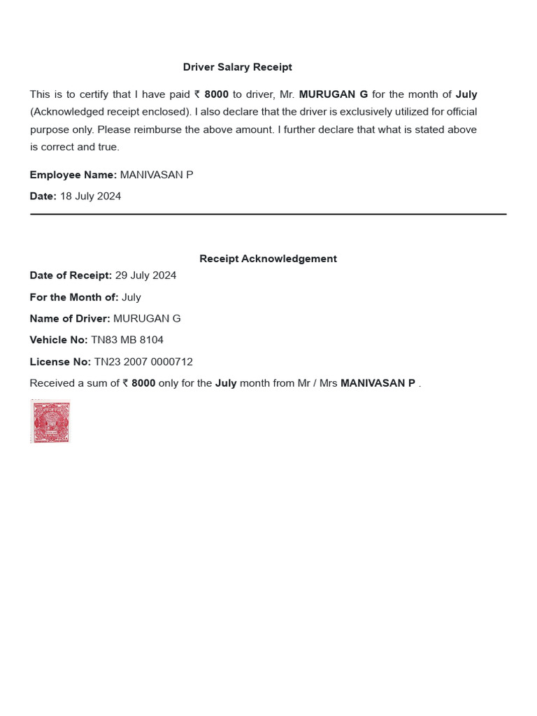 Driver Salary Receipt for July 2024 | PDF