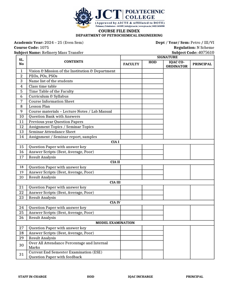 1 - Theory Course File Index Mass Transfer | PDF