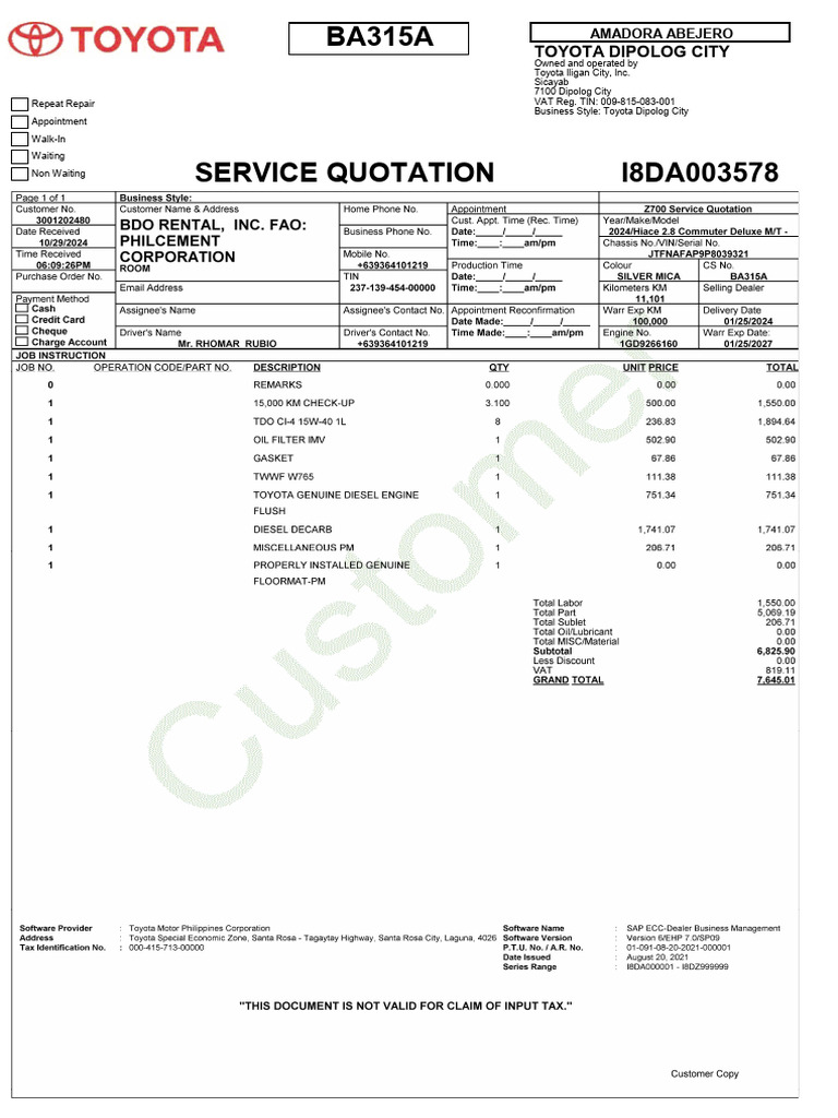 Toyota Service Invoice | PDF