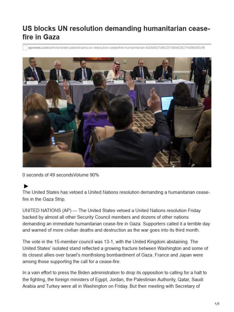 US Blocks UN Resolution Demanding Humanitarian Cease-Fire in Gaza | PDF ...