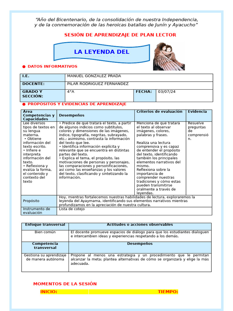 MIERCOLES PLAN LECTOR | PDF | Evaluación | Leyendas