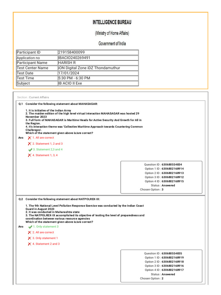 IB ACIO Tier-1 Tentative Answer Key | PDF