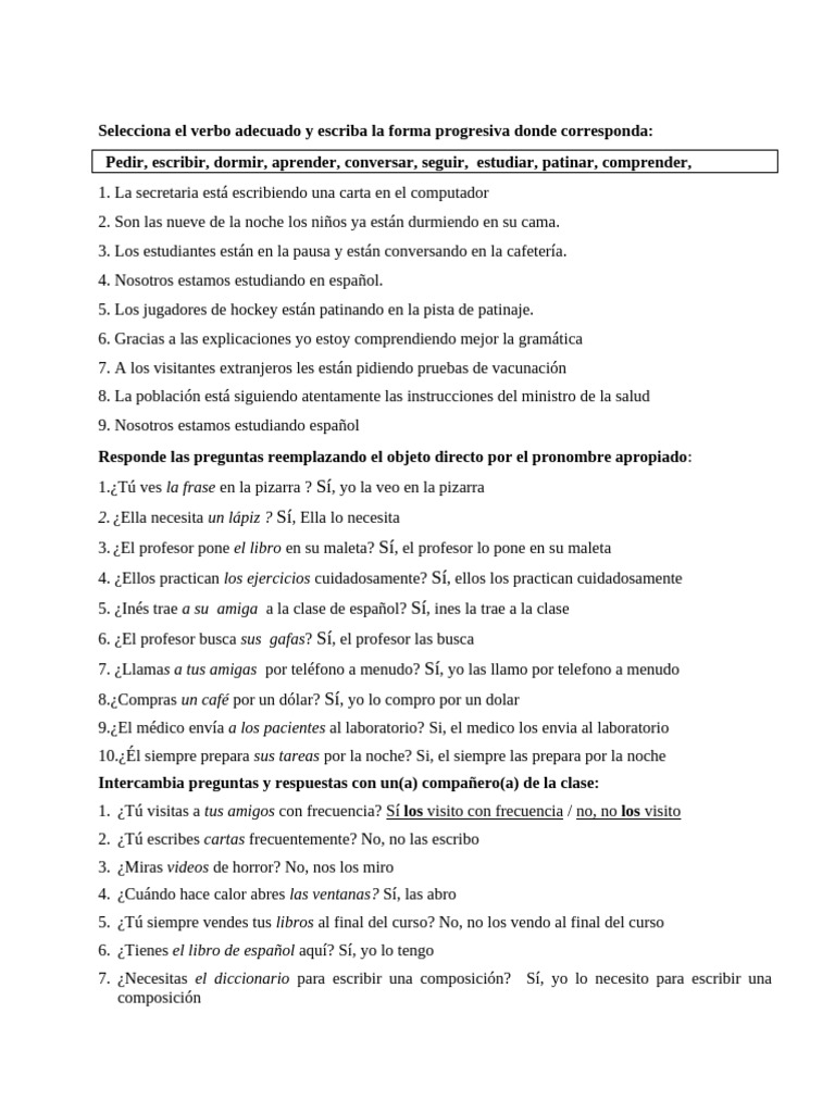 Ejercicios de Verbos y Pronombres en Español | PDF