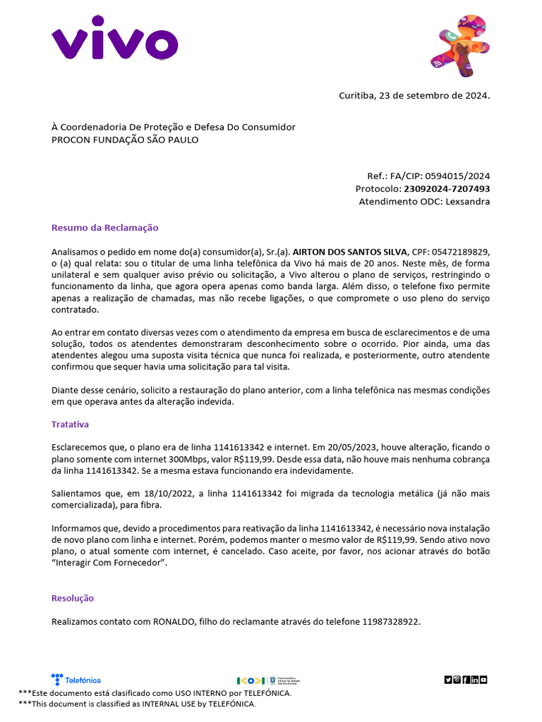 Reclamação sobre Alteração de Plano Vivo | PDF | Telefone | Internet