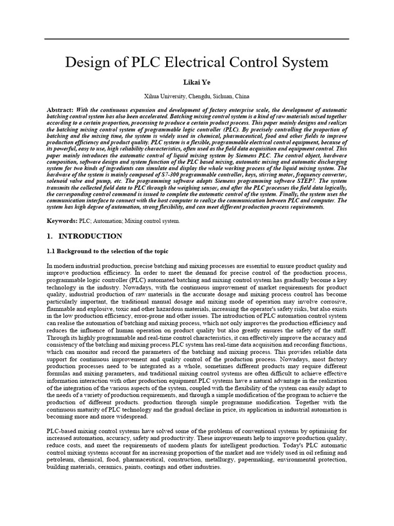Design of PLC Electrical Control System | PDF | Programmable Logic ...