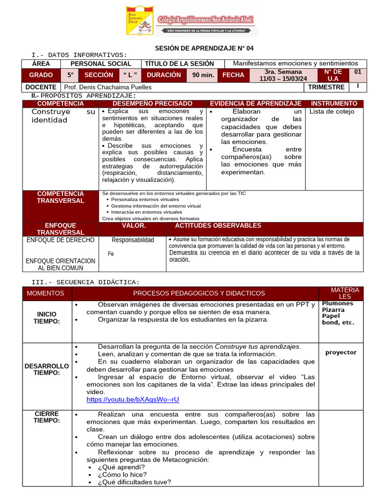 Emociones y Sentimientos en Clase 5° | PDF | Aprendizaje | Las emociones